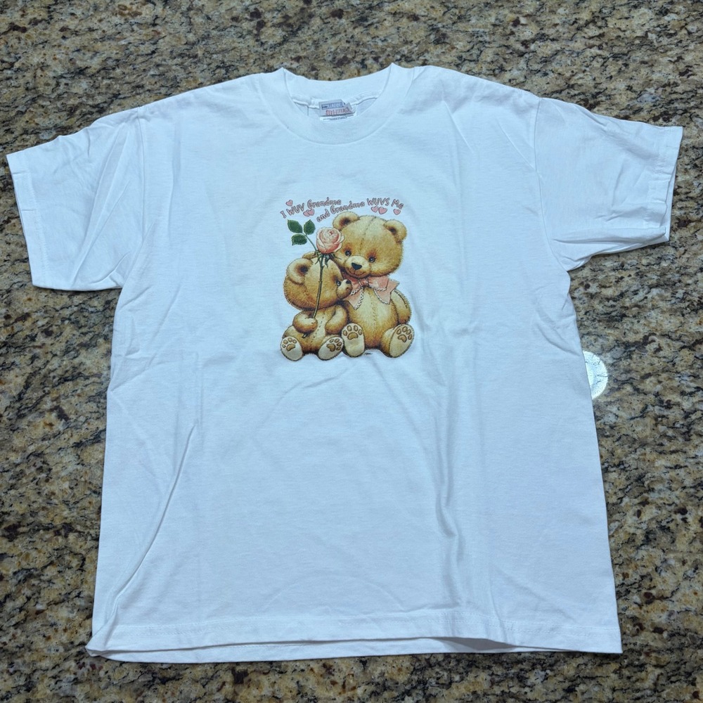 Vintage 1999 Hanes Heavyweight Teddy Bear Grandma T-Shirt Youth Large White v